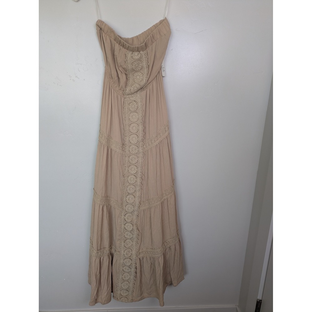 NEW Faded Rose Maxi Dress Women's Small Tan Strapless Crochet Lace Tiered Boho